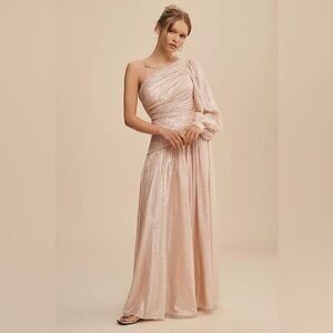 BHLDN Jade Champagne Metallic One-Shoulder Asymmetrical-Waist Wedding Gown sz 2